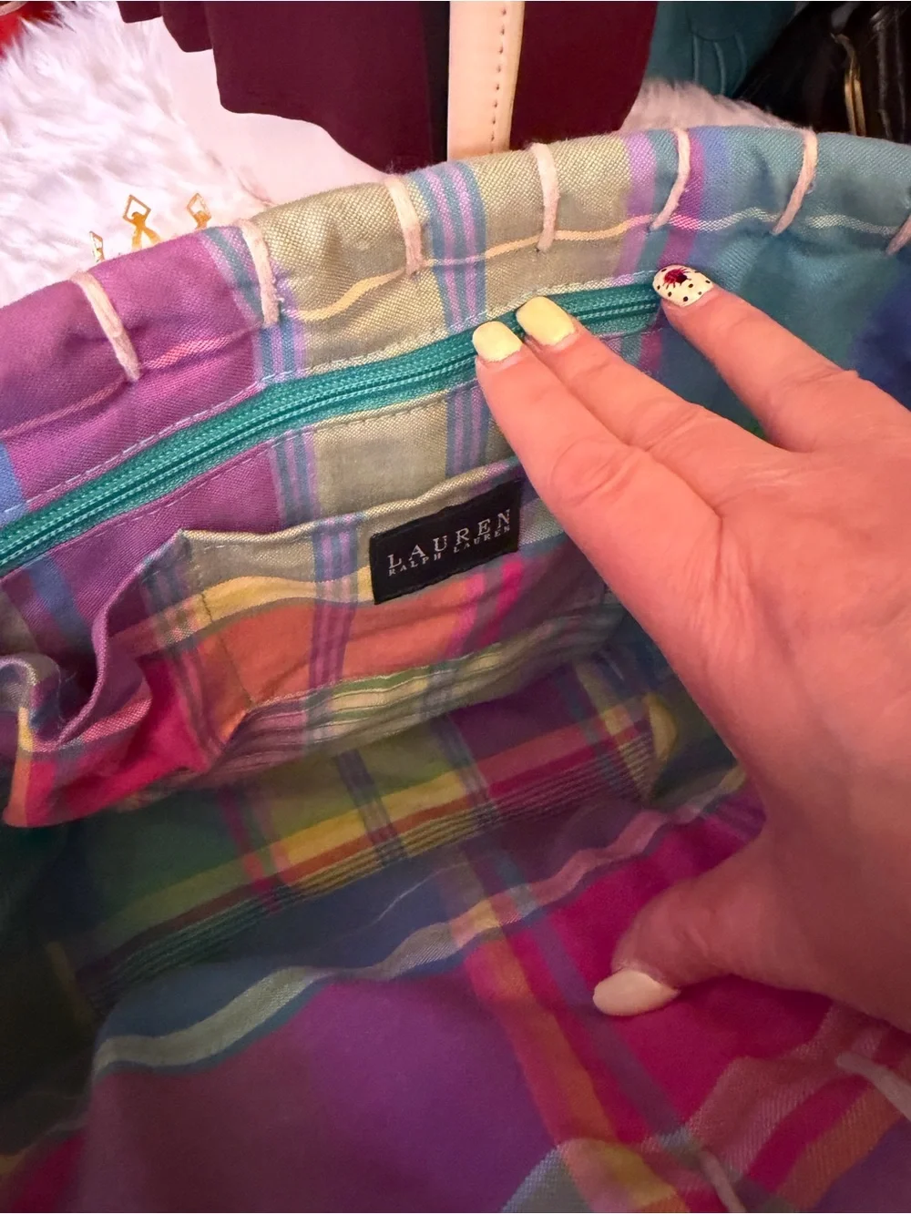 Ralph Lauren Pastel Plaid Woven Straw Tote with Leather Handles - Picture 4 of 5